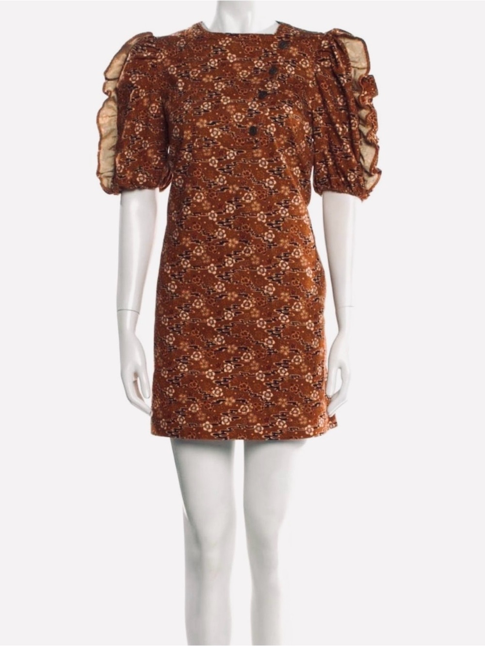 Ulla Johnson Brown Floral Bodycon Mini Dress With Ruffle Sleeves- XS oversized